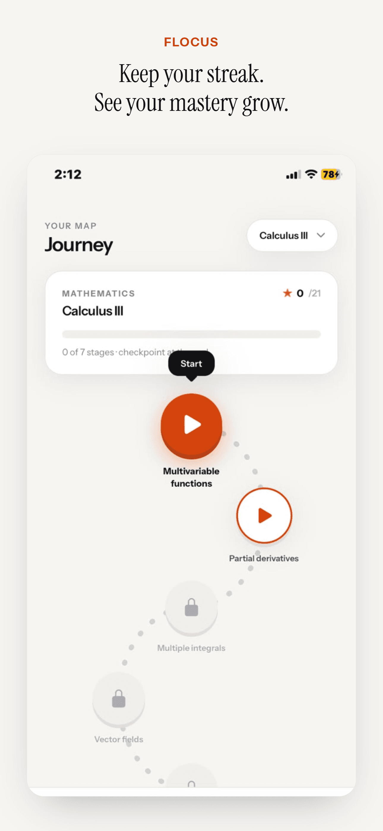 Flocus journey map showing course stages and mastery progress